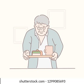 An older man is holding a tray with food. hand drawn style vector design illustrations.