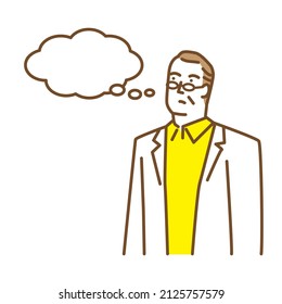 An older man imagining something with his mouth closed.