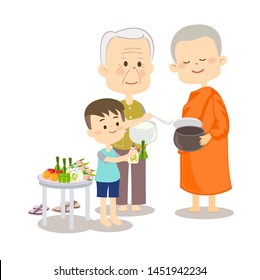 Older man and Little boy offering food to Monk