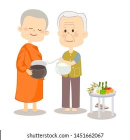 Older Man Offering Food to Monk