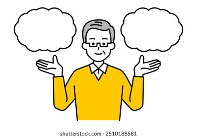 Older man proposing two ideas