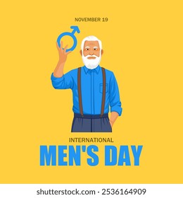 An older man proudly holds the male symbol, celebrating International Men's Day on November 19.