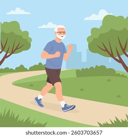 Older man  running outdoors. Healthy body, flexibility and wellness. Pensioner morning workout at city park. Vector Illustration