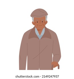 An Older Man Is Standing In A Hunting Cap And Holding A Cane. Flat Design Style Vector Illustration.