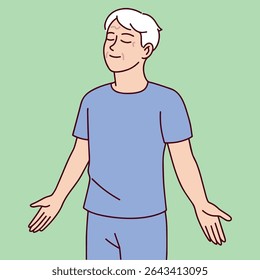 Older man stands still with eyes closed and arms relaxed while practicing calming breathing and mindfulness for better emotional health