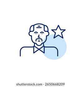Homem mais velho e estrela. Mentor favorito, ancião respeitado. Pixel perfeito, ícone de vetor de traçado editável