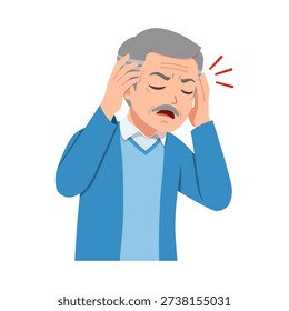 Older man suffering from severe headache holding his temples feeling pain and distress unwell in blue sweater