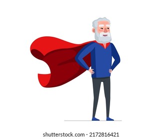 Hombre mayor con traje de superhéroe usando capa roja. Hombre mayor super héroe. Un viejo abuelo saludable fuerte. El genial abuelo retirado. Alegre jubilado con superpoderes. Vector de abuelo de diversión activa