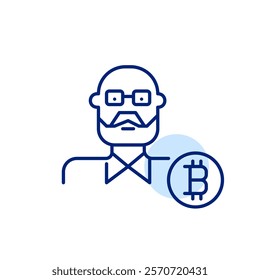 Older man wearing glasses and bitcoin symbol. Cryptocurrency users of all ages. Accessibility for all demographics. Pixel perfect, editable stroke icon