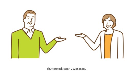 An Older Man And A Woman Holding Up One Hand To Guide You To Something.