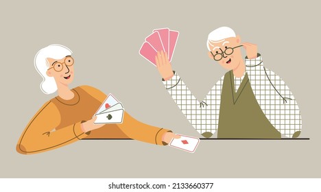 Older Man And Woman Playing In Card Games. Seniors Family Or Elderly Friends Spend Time Together. Vector Illustration