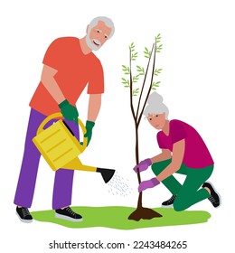 Older man and woman working in the garden. Older people leisure activities vector flat illustration. Active lifestyle