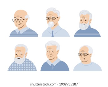 Older men avatar set. Portraits of seniors with different hairstyles in variety of clothes. User icon collection. Vector illustration in cartoon style