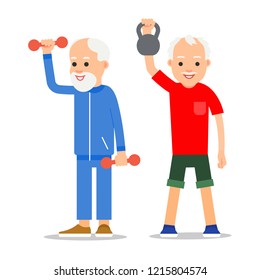 Older men perform exercises to weight lifting. Adult people in various poses stand with dumbbells in hands. Physical exercises, training, workout, sport, healthy lifestyle. Flat style illustration.