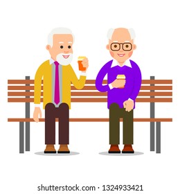 Older men sit on a bench and drink coffee. Old men spend leisure time in communication. Lifestyle of an elderly person. Illustration of people characters isolated on white background in flat style.
