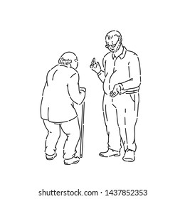 Older men talking vector line art black white sketch isolated illustration.
