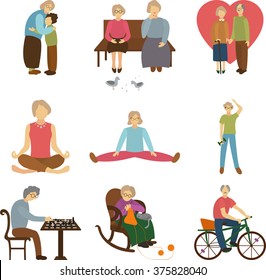 Older people active outdoors, love to the old age, the elderly sports, knitting and meeting grandson and grandmother. Flat icons. Vector illustration.