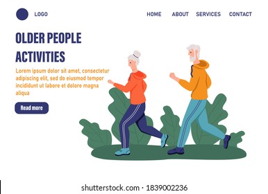 Older people activities page templates. Elderly couple running in the Park. The concept of active old age. Day of the elderly. Flat vector illustration