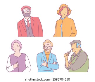 Older people character set in different styles. hand drawn style vector design illustrations. 