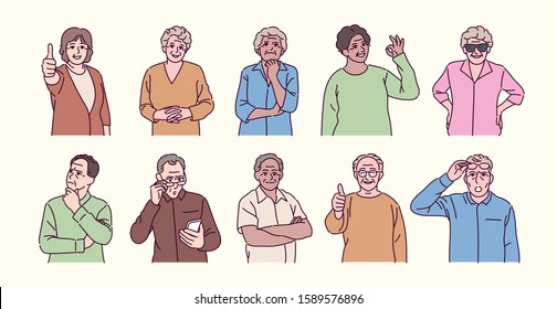 Older people characters in different styles. hand drawn style vector design illustrations. 