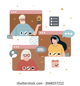 Older people communicate in network. Elderly video call cute woman. Online education, communication and working concept. Old cartoon characters talking in application. Flat vector illustration