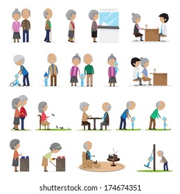 Older People In Different Situations - Isolated On White Background - Vector Illustration, Graphic Design Editable For Your Design