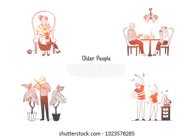 Older people - elderly people knitting, drinking tea, playing violin and making exercises with grandchildren vector concept set. Hand drawn sketch isolated illustration