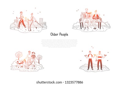 Older people - elderly people making exercises, walking, reading and having active lifestyle vector concept set. Hand drawn sketch isolated illustration