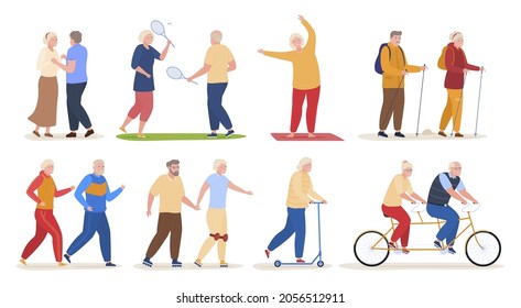 Older people enjoying active sports recreation set vector flat illustration. Collection of elderly man and woman dancing, playing badminton, doing yoga, scandinavian walking, running isolated on white
