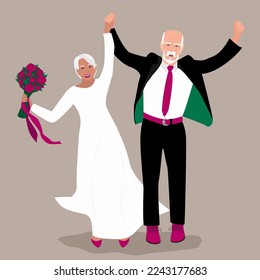 Older people getting married, isolated senior man and woman in suit and dress. Older people celebrating love, wedding ceremony. Vector Illustration