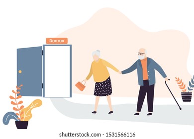 Older people go to the doctor. Grandfathers and Grandmothers in hospital. Before doctor consultation. Beauty characters in trendy style. Stock vector illustration