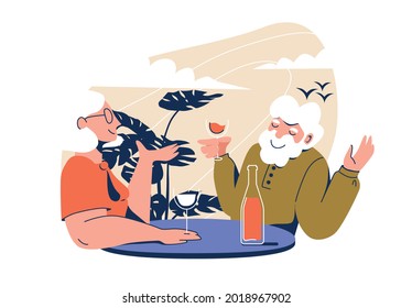 Older people are having fun on a date. Conversation, wine, outdoors. Vector illustration isolated on white background.