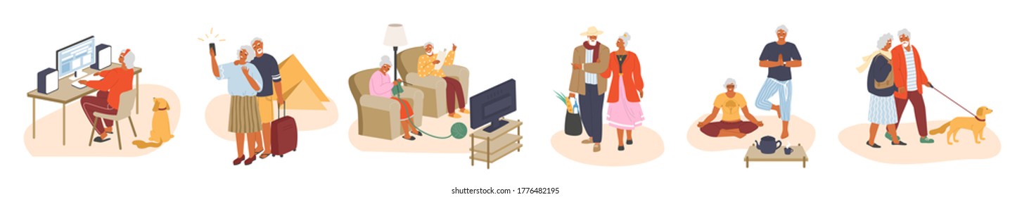 Older People Leisure Activities Set, Vector Flat Illustration. Happy Active Elderly Couples Traveling Shopping, Walking Dog, Watching Tv, Meditating Doing Yoga Poses, Surfing The Net. Active Lifestyle