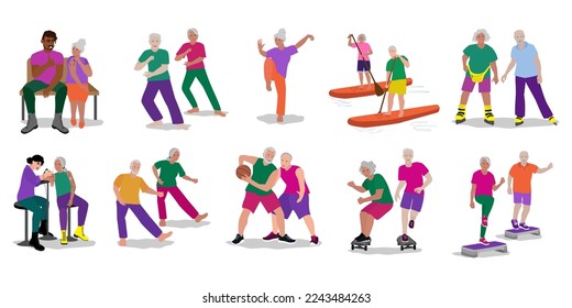 Older people leisure activities set, vector flat illustration. Happy active elderly couples making tattoo, surfing , playing basketball, rollerblading, fitness. Active lifestyle.