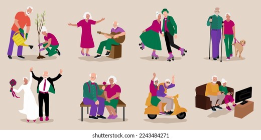 Older people leisure activities set, vector flat illustration. Happy active elderly couples getting married, playing video games, working in the garden, dancing, walking dog, rollerblading.