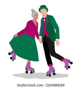 Older people leisure activities vector flat illustration. Happy active senior couple rollerblading. Active lifestyle