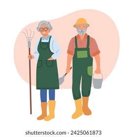 Older people life style vector flat illustration gardening and pleasure enjoyment. Grandpa and Granny in the garden. White isolated background