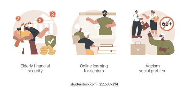 Older People Lifestyle Abstract Concept Vector Illustration Set. Elderly Financial Security, Online Learning For Seniors, Ageism Social Problem, Budget Planning, Free Online Program Abstract Metaphor.