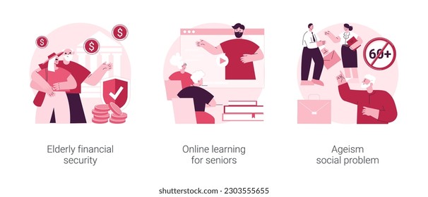 Older people lifestyle abstract concept vector illustration set. Elderly financial security, online learning for seniors, ageism social problem, budget planning, free online program abstract metaphor.