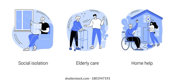 Older people living abstract concept vector illustration set. Social isolation, elderly care, home help, disabled people, medical nursing home, healthcare service, care allowance abstract metaphor.