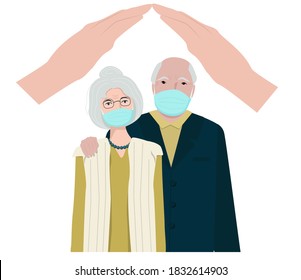 Older people in masks for the face remains safe and secure during a pandemic coronavirus. Concept of insurance of elderly people against epidemics, protection and care. Vector illustration.
