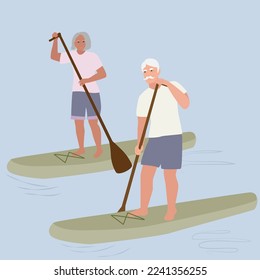 Older people on paddle surfing vector illustration. Couple paddleboard surfing. Seniors, elderly people having fun together. Healthy and active lifestyle.