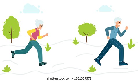 Older people play sports. Grandmother and grandfather run in park. Concept of  longevity and active lifestyle. Vector illustration in modern flat style.