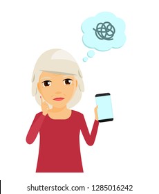 Older People. The Problem Of An Elderly Woman In Using A Mobile Phone. In Flat Style On White Background. Cartoon.