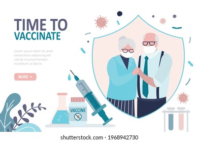 Older people protected from viruses and diseases. Grandparent vaccinated against covid-19. Concept of vaccination and medicine. Elderly couple in protective masks. Landing page. Vector illustration