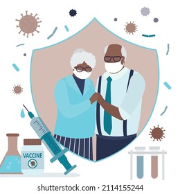 Older people protected from viruses and diseases. African american Grandparent vaccinated against covid-19. Concept of vaccination and medicine. Elderly couple in protective masks. Vector illustration