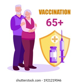 Older people with a shield protects against disease COVID-19. Vaccination of the elderly to protect against the virus. Health care and medicine concept. Vector illustration in flat cartoon style.