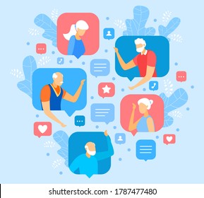 Older people in social network vector illustration. Cartoon senior flat man woman characters meeting online with old friends or family, communicating, networking. Elderly chat social activity concept