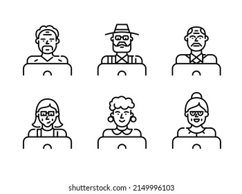 Older people using laptops. Working, communicating, learning. Pixel perfect, editable stroke icons set