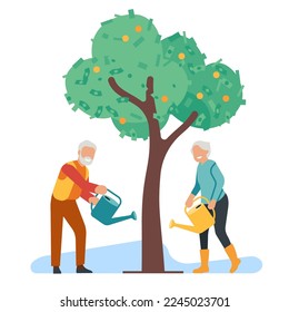 Older people watering money tree with retirement savings. Grandparents investing cash currency. Financial fund for seniors. Grandma and grandpa planning finance profit